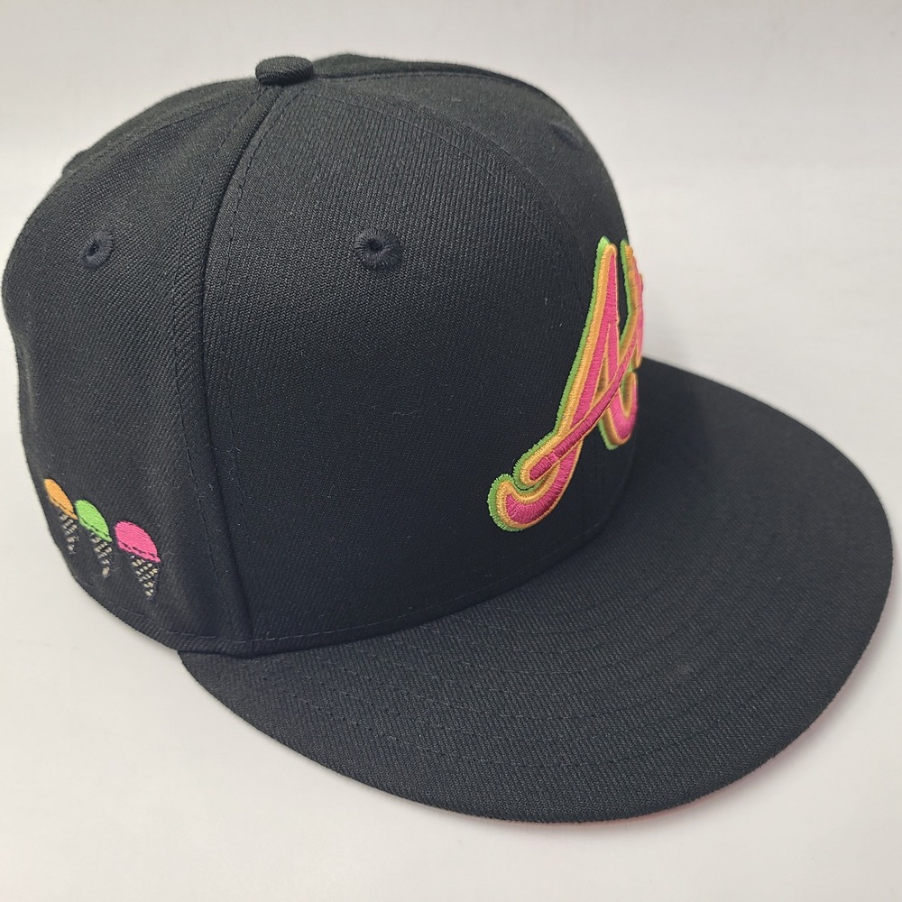 Atlanta Braves Hat Fitted 7 1/4 New Era 59Fifty Black Pink MLB Ice Cream Patch‎
